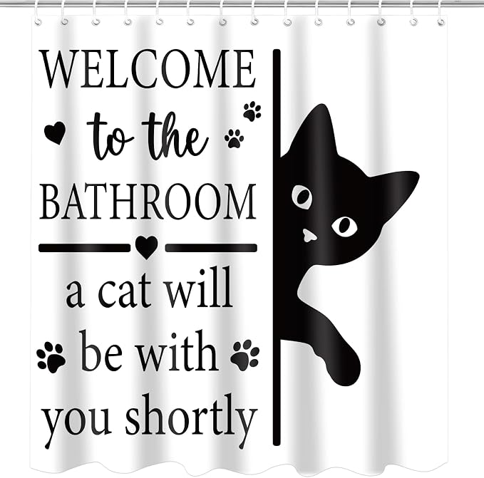 Funny Cat Shower Curtain, Fun Cartoon Black Cat Bath Curtain | 72x72 Inches, Waterproof Polyester Fabric, Welcome to the Bathroom Decor for Home Decorations, Includes 12 Hooks