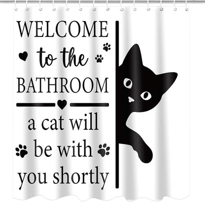 Funny Cat Shower Curtain, Fun Cartoon Black Cat Bath Curtain | 72x72 Inches, Waterproof Polyester Fabric, Welcome to the Bathroom Decor for Home Decorations, Includes 12 Hooks
