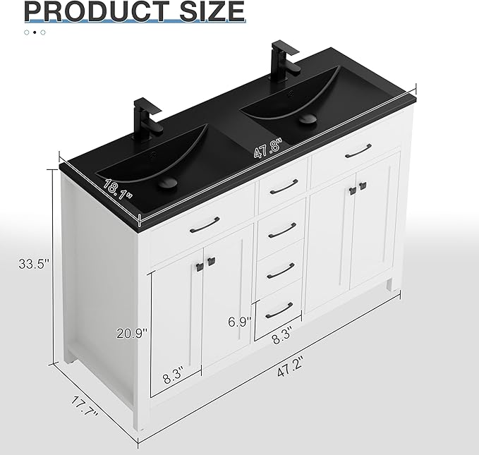 LUCKWIND 48" Modern Bathroom Vanity and Black Sink, Painted Bathroom Storage Cabinet with Double Black Sink, Four Doors and Three Drawers, Include Faucet Without Mirror, White
