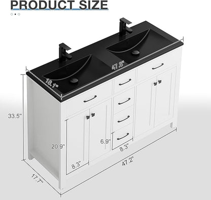 LUCKWIND 48" Modern Bathroom Vanity and Black Sink, Painted Bathroom Storage Cabinet with Double Black Sink, Four Doors and Three Drawers, Include Faucet Without Mirror, White