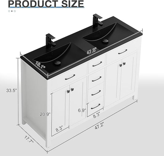 LUCKWIND 48" Modern Bathroom Vanity and Black Sink, Painted Bathroom Storage Cabinet with Double Black Sink, Four Doors and Three Drawers, Include Faucet Without Mirror, White