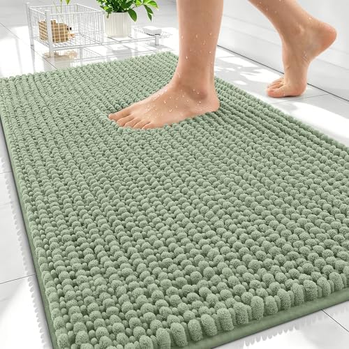 OLANLY Thick Chenille Absorbent Bathroom Rugs Mat 34x21, Sage Green