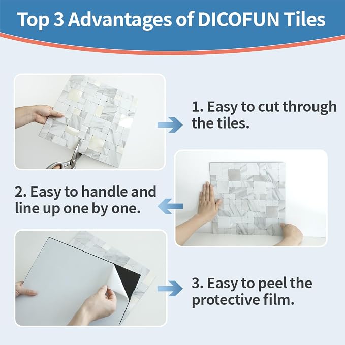 DICOFUN 1 Sheet White Marble Look Peel and Stick Tile Backsplash, Mixed Metal Silver Chips Kitchen and Bathroom Tiles, Stick on Backsplash for Stove