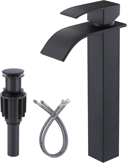 Vessel Sink Faucet Matte Black: ARCORA Single Hole Tall Bathroom Faucet, Single Handle Tall Waterfall Bathroom Faucet with Pop Up Drain and cUPC Supply Lines