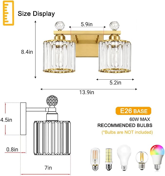 Lxybcce Modern 14In 2-Lights Bathroom Vanity Light, Crystal Bathroom Light Fixtures, Gold Vanity Light Fixtures Over Mirror, Easy Installation & Shadow-Free Illumination for Bathroom Mirror Decor