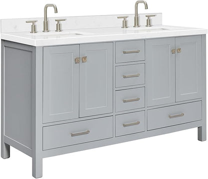 ARIEL Cambridge 60-inch Bathroom Vanity with Sink,Solid Wood, 1.5-inch Carrara White Quartz Countertop, Double Rectangular Porcelain Sink, 4 Soft Closing Doors, 6 Dovetail Drawers, Grey