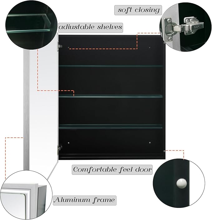 24”x30” Medicine Cabinet with Aluminum Frame,Surface or Recessed Medicine Cabinet Mirror for Bathroom,Bathroom Mirror with Storage,Sliver