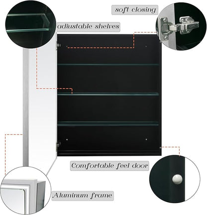 24”x30” Medicine Cabinet with Aluminum Frame,Surface or Recessed Medicine Cabinet Mirror for Bathroom,Bathroom Mirror with Storage,Sliver