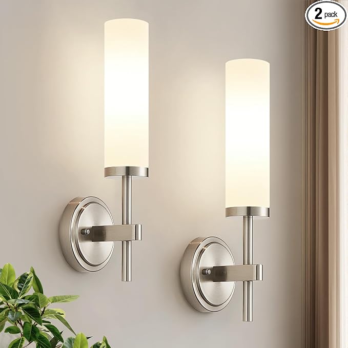 [Hardwired] Wall Sconces Set of Two, Brushed Nickel Bathroom Sconces with Milky White Glass, Modern Wall Light Fixtures for Bathroom Mirror Vanity, Living Room, Hallway, Stairway, Cabinet, Foyer