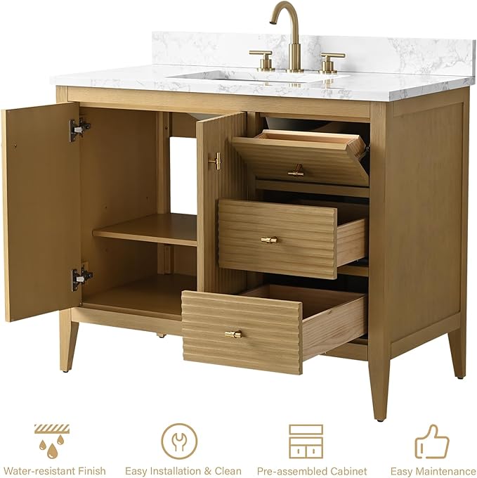 HOMEBEYOND 42" Bathroom Vanity with Sink, Solid Wood Bathroom Vanity Free-Standing Cabinet, Drawers, Ceramic Top & Soft Closing Door, Golden Brushed Handware, Natural Oak