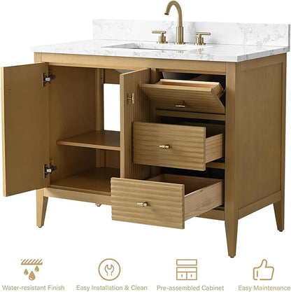 HOMEBEYOND 42" Bathroom Vanity with Sink, Solid Wood Bathroom Vanity Free-Standing Cabinet, Drawers, Ceramic Top & Soft Closing Door, Golden Brushed Handware, Natural Oak