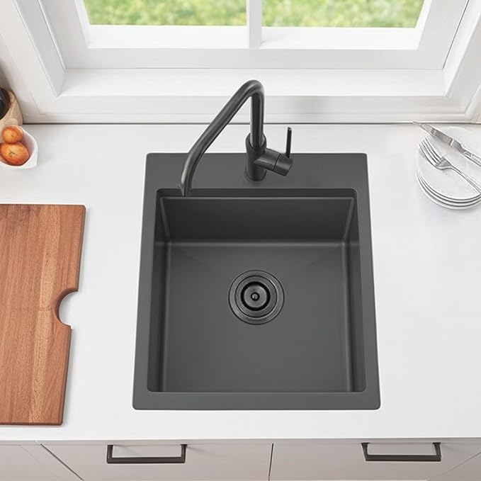 KINGO HOME Drop in Black Bar Sink, 15 x 20 Inch Single Bowl Small Kitchen Sink,304 Stainless Steel Topmount Wet Bar Sink Prep Sink With Grid&Drainer&Cutting Board