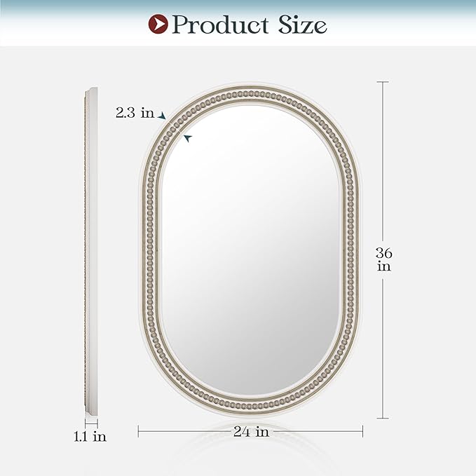 Boho Oval Wall Mirror, 24" x 36" Farmhouse Antique Bathroom Oval Mirrors Over Sink, Wooden Rustic with Beaded for Bedroom, Dining Room, Hallway, Living Room, Vertical or Horizontal Hanging