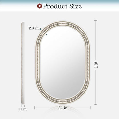Boho Oval Wall Mirror, 24" x 36" Farmhouse Antique Bathroom Oval Mirrors Over Sink, Wooden Rustic with Beaded for Bedroom, Dining Room, Hallway, Living Room, Vertical or Horizontal Hanging