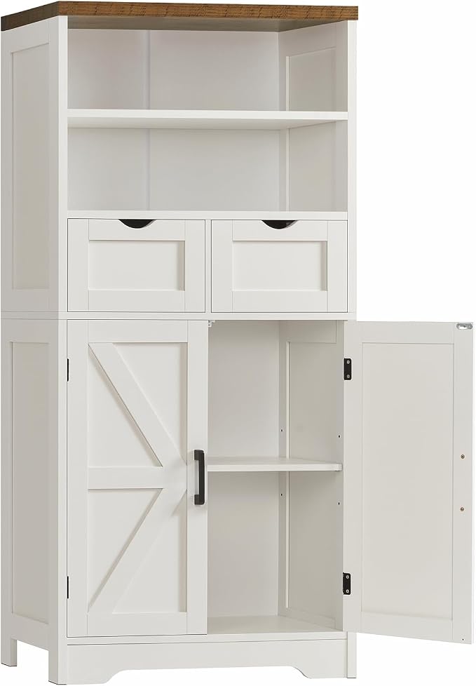 TEENFON Storage Cabinet with Doors & 2 Drawers, Kitchen Cabinet with Adjustable Shelf, Pantry Cabinets, Bathroom Cabinets, for Living Room, Entryway, Home Office, White