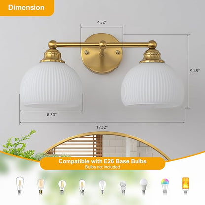 Bathroom Vanity Light Fixtures 2 Light Modern Bathroom Lights over Mirror | Vintage Gold Antique Restroom Light Fixture with Milk White Glass Shade for Bathroom, Bedroom E26 Base