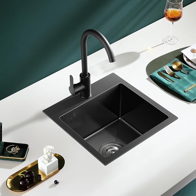 18"x18" Drop in Kitchen Sink, 304 SS Handmade Black Single Bowl | D18"xW18"xH9" Square Topmount Basin Sink 1 Faucet Hole, Handmade Brushed Finish for Bar, Kitchen Prep and RV