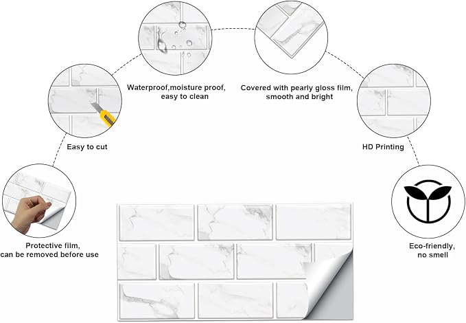 12-Sheet White Peel and Stick Wallpaper, Subway Tile 6''x12'' Self Adhesive Wall Tiles Waterproof PVC Stick on Backsplash Vinyl Decorative Tiles Stickers for Kitchen Bathroom