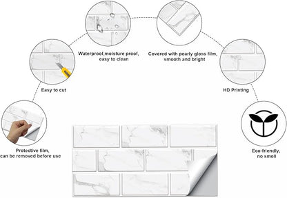 12-Sheet White Peel and Stick Wallpaper, Subway Tile 6''x12'' Self Adhesive Wall Tiles Waterproof PVC Stick on Backsplash Vinyl Decorative Tiles Stickers for Kitchen Bathroom