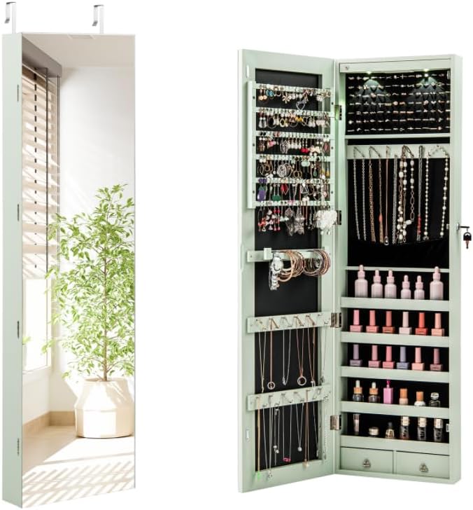 LDAILY Jewelry Armoire Wall or Door Mounted, Full-Length Mirror with Storage, Lockable Mirror Jewelry Cabinet w/ 2 Drawers, LED Lights, Over the Door Jewelry Organizer Box for Women Girls