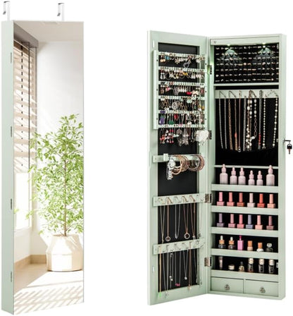 LDAILY Jewelry Armoire Wall or Door Mounted, Full-Length Mirror with Storage, Lockable Mirror Jewelry Cabinet w/ 2 Drawers, LED Lights, Over the Door Jewelry Organizer Box for Women Girls
