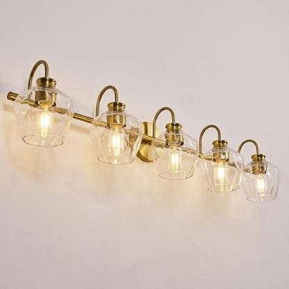 Brushed Gold Vanity Light, 5 Light Bathroom Light Fixtures with Clear Diamond-Shape Hammered Glass, Brass Vintage Ripple Wall Lights for Hallway, Bedroom, Anti-Rust, E26 Base (No Bulbs)