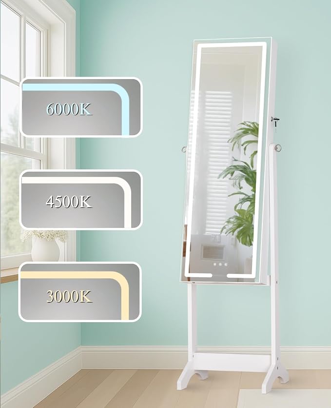 LUXFURNI Standing Jewelry Armoire Cabinet with Full‑Length Mirror Storage | 3‑Color LED Lights, 3 Brush Holders, 3 Adjustable Tilt Angles, True‑to‑View Glass, USB‑Powered Supply, Lockable Design