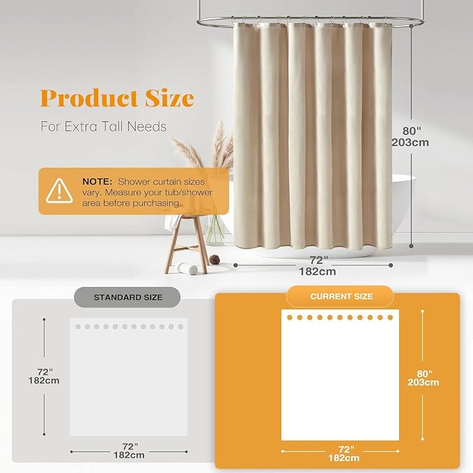 BTTN 3 in 1 Shower Curtain Set - 80 Inch Long Linen Textured Polyester Shower Curtain and Clear Liner Set with Plastic Hook, Modern Luxury Waterproof Shower Curtain for Bathroom, Cream/Beige, 72x80