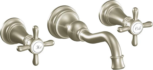 Moen TS42112BN Weymouth Cross Handle Wall Mount Bathroom Faucet Trim, Valve Required, Brushed Nickel
