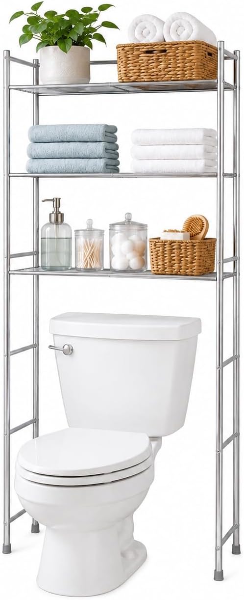 Honey-Can-Do 4-Tier Steel Over-the-Toilet Storage Shelf, Chrome | 4-tier steel shelf frees floor space over the toilet. 10.5in shelf gap for towels & toiletries. Chrome, 68in tall.