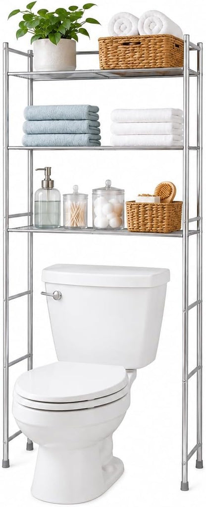 Honey-Can-Do 4-Tier Steel Over-the-Toilet Storage Shelf, Chrome | 4-tier steel shelf frees floor space over the toilet. 10.5in shelf gap for towels & toiletries. Chrome, 68in tall.
