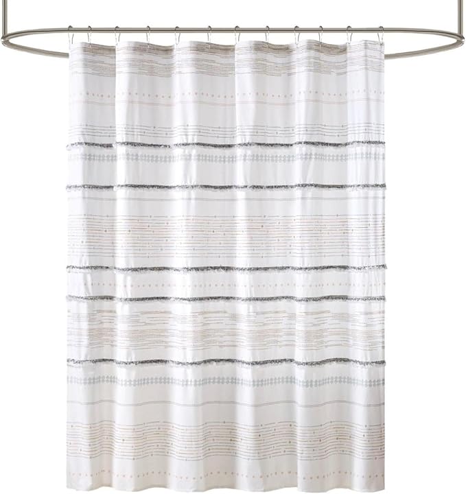 INK+IVY NEA Shower Curtain for Bathroom, Cotton, 72 x 72, Off White/Gray | Adds Privacy, Machine Washable, Striped Pattern, Boho, OEKO-TEX Certified