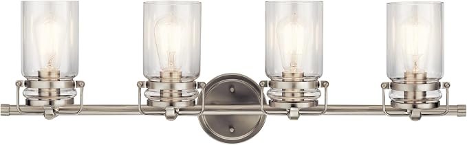 Kichler Brinley 4-Light Farmhouse Vanity Light, Brushed Nickel | Modern farmhouse vanity light with clear glass for bathroom mirrors (32.25" x 10"), 45690NI