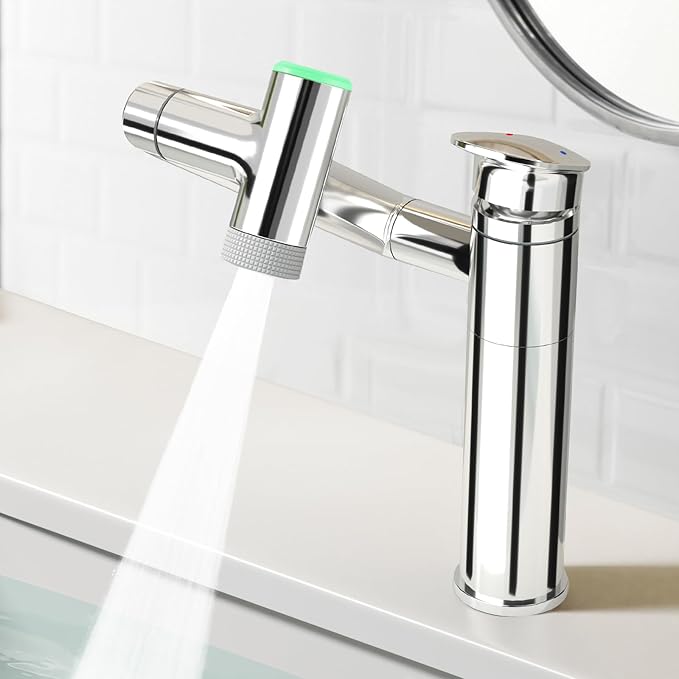 Modern Bathroom Faucet 1 Hole with Temperature Display(Batteries-Free), 1080° Rotatable Single Hole Bathroom Faucet, Single Handle Bathroom Vanity Faucets, 2 Spray Modes (Chrome)