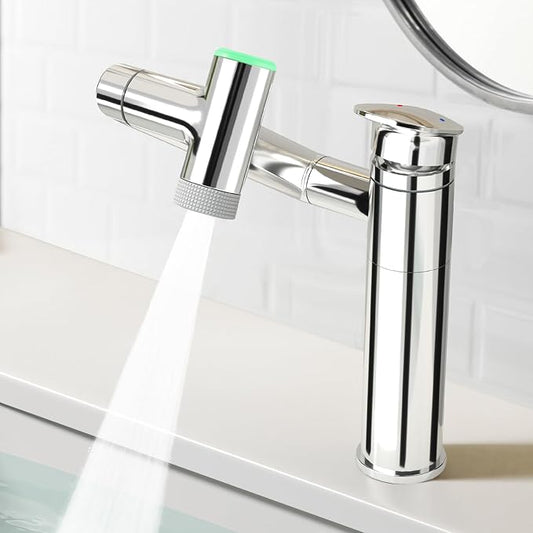 Modern Bathroom Faucet 1 Hole with Temperature Display(Batteries-Free), 1080° Rotatable Single Hole Bathroom Faucet, Single Handle Bathroom Vanity Faucets, 2 Spray Modes (Chrome)