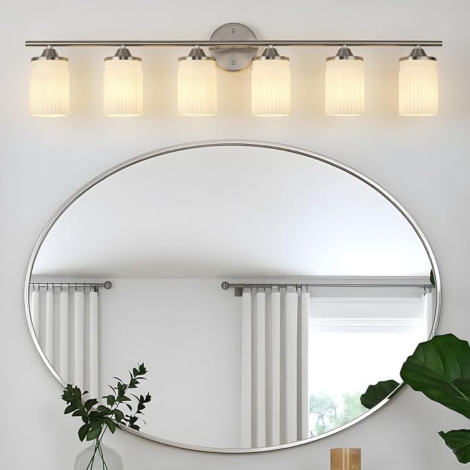 Jonsi Nickel Bathroom Light Fixtures 6-Light Vanity Lights Modern Wall Sconce with Milk White Shade Brushed Nickel Bathroom Light Fixture Over Mirror for Bedroom Hallway Kitchen