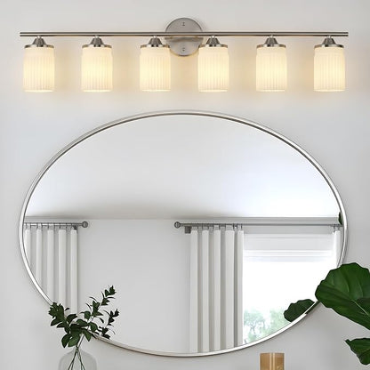 Jonsi Nickel Bathroom Light Fixtures 6-Light Vanity Lights Modern Wall Sconce with Milk White Shade Brushed Nickel Bathroom Light Fixture Over Mirror for Bedroom Hallway Kitchen