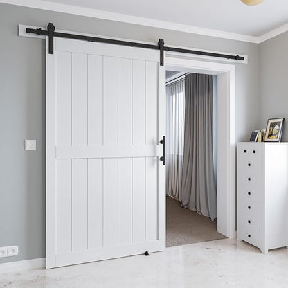 48in x 96in MDF Sliding Barn Door with 8ft Barn Door Hardware Kit & Handle | White Solid Barn Door Slab Covered with Water-Proof PVC Surface, Pre-Drilled Holes Easy Assembly, H-Frame