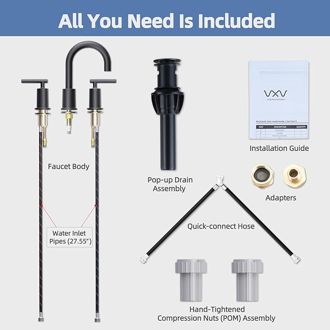 VXV Matte Black Bathroom Faucet 3 Hole Widespread with Easy Installation, 2-Handle 8 Inch Bathroom Sink Faucet 360° Swivel Spout, Pre-Attached Hoses & Drain Included, Vanity Faucet for Bath Sink