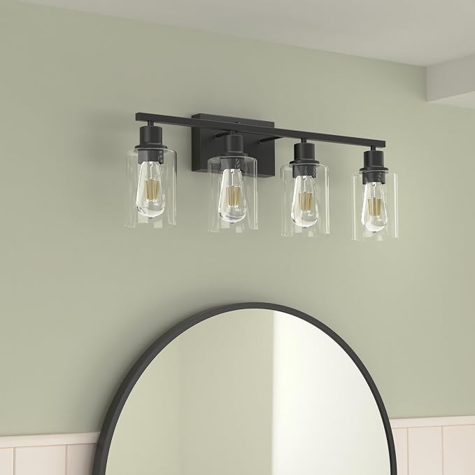 4-Lights Black Gallery Wall Sconces,Brushed Black Bathroom Vanity Light Fixtures with Clear Glass Shades, Farmhouse Modern Wall Lighting for Mirror,Living Room,Bedroom, E26 Base