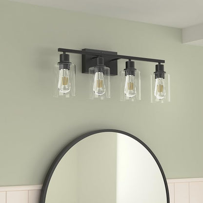 4-Lights Black Gallery Wall Sconces,Brushed Black Bathroom Vanity Light Fixtures with Clear Glass Shades, Farmhouse Modern Wall Lighting for Mirror,Living Room,Bedroom, E26 Base