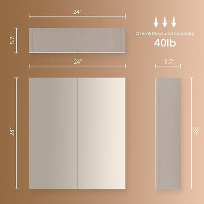 28x24 inch Bathroom Wall Cabinet, Saver Storage Cabinet, Medicine Cabinet with 2 Door and Adjustable Shelves, Grey（Assembly Required）