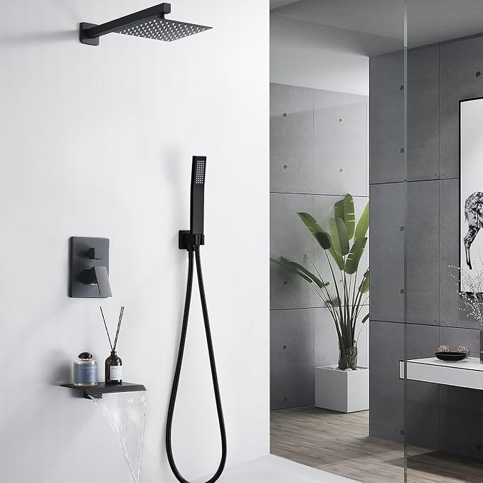 8 Inch Shower Faucet Set, Rainfall Shower System with High Pressure Handheld Shower Head, Bathroom Mixer Shower Set Wall Mounted Rough-in Valve and Trim Kit, with Tub Spout