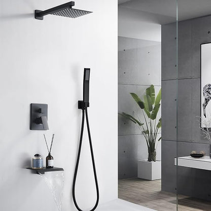 8 Inch Shower Faucet Set, Rainfall Shower System with High Pressure Handheld Shower Head, Bathroom Mixer Shower Set Wall Mounted Rough-in Valve and Trim Kit, with Tub Spout