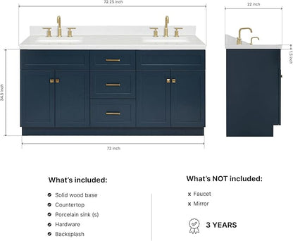 DKB Bradford 72 Inch Bathroom Vanity Double Sink — Midnight Blue Bathroom Vanity with Sink, 1.5" Edge Carrara White Countertop & Backsplash, 4 Soft-Close Doors, and 3 Dovetail Drawers