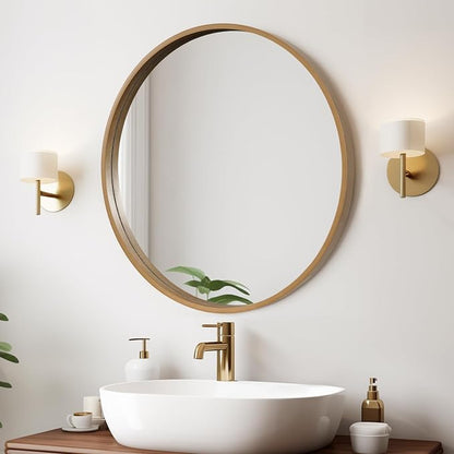 Round Wood Mirror 24" Circle Wall Mirror for Bathroom Round Wall Mirror for Wall Decor, Vanity, Entryway Living Room, Honey