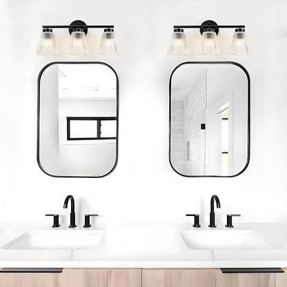 OCIOC Black Bathroom Vanity Lights, 3-Light Modern Bathroom Light Fixtures with Striped Glass Shade, Bathroom Wall Lamp over Mirror, for Living Room, Bedroom, Hallway,Cabinet Porch
