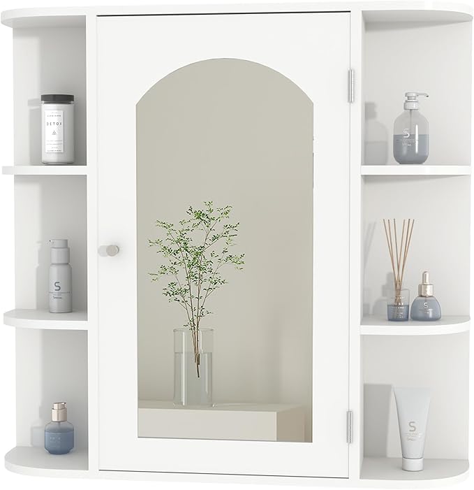 Bathroom Wall Cabinet, Medicine Cabinet with Mirror and Adjustable Shelves,White Wall Mounted Cabinet Over The Toile,3-Tier Wood Hanging Storage for Bathroom,Kitchen,Living,Laundry Room
