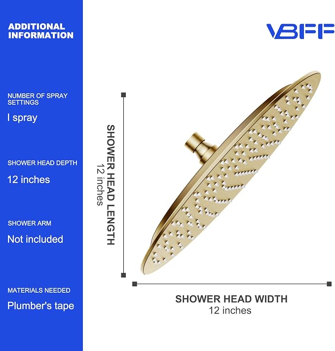 VBFF-Shower Head,rain shower head, 12 inch- Round Shower Head, 1.8 GPM Flow Rate, rainfall showerhead,VBFF13 (Brushed Gold)