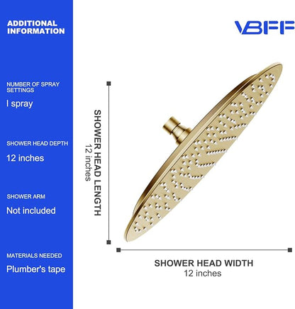 VBFF-Shower Head,rain shower head, 12 inch- Round Shower Head, 1.8 GPM Flow Rate, rainfall showerhead,VBFF13 (Brushed Gold)